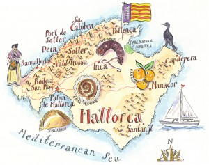 Mapa de Mallorca on apareixen alguns dels estereotips que els turistes esperen trobar.