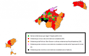 Mapa dels municipis de les Balears segons els instruments de fiscalització de les activitats a l’espai públic que tenen en vigor a principis del 2016. Elaboració pròpia.